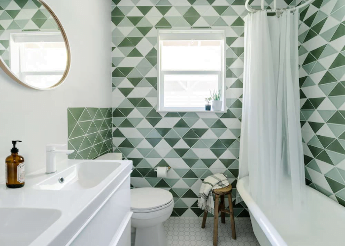 Geometric Pattern Green Bathroom Tiles