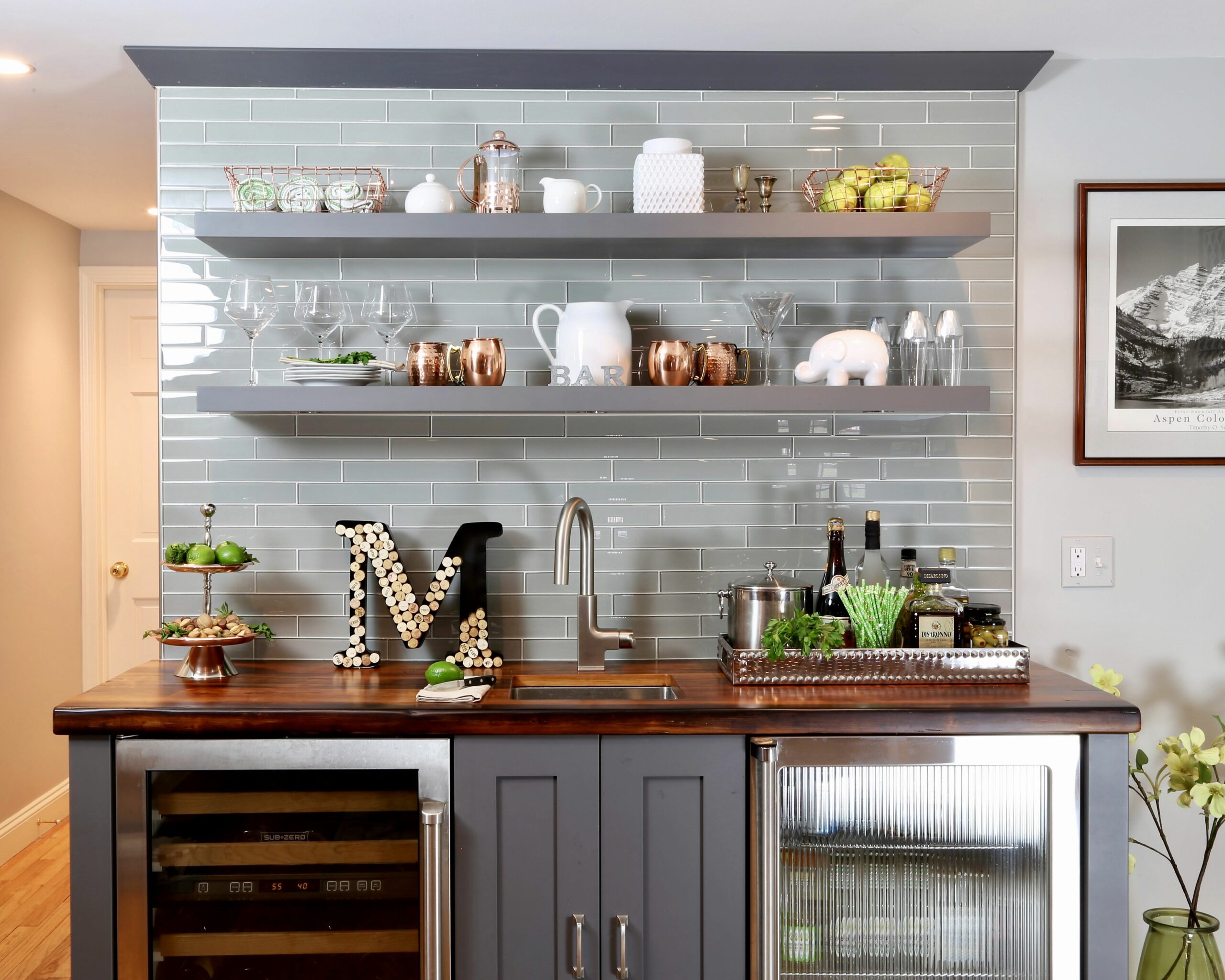 Kitchen Bar with Open Floating Shelves