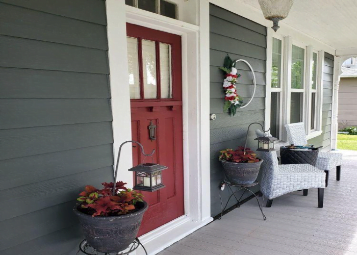 Classic Grey House Exterior Color Scheme with Red Door