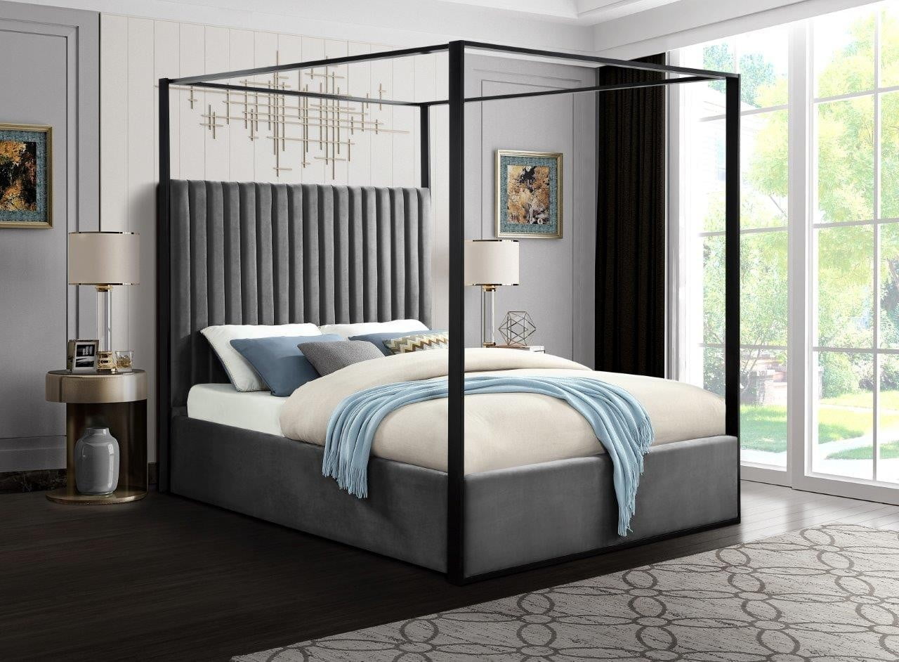 Contemporary Gray Upholstered Four Poster Bed