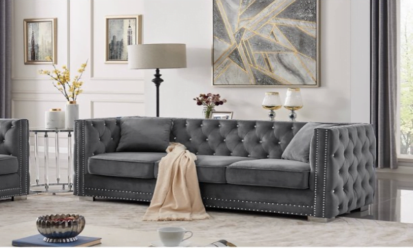 Grey Fabric Couch With Nailhead Trim