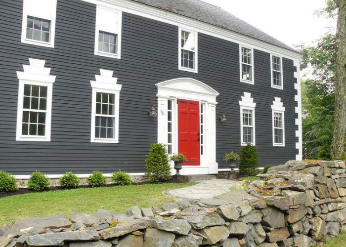 Red Door with Grey House Exterior