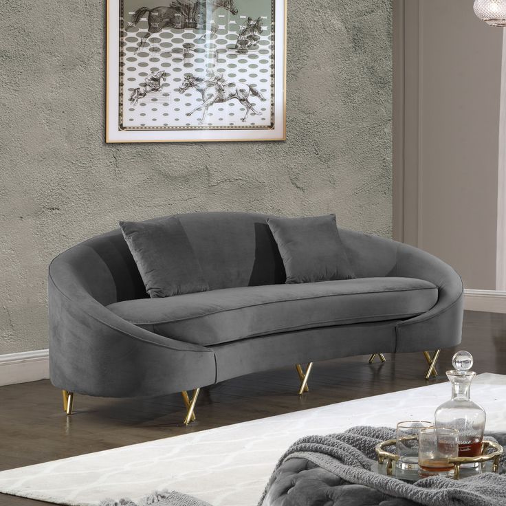 Rounded Grey Velvet Couch