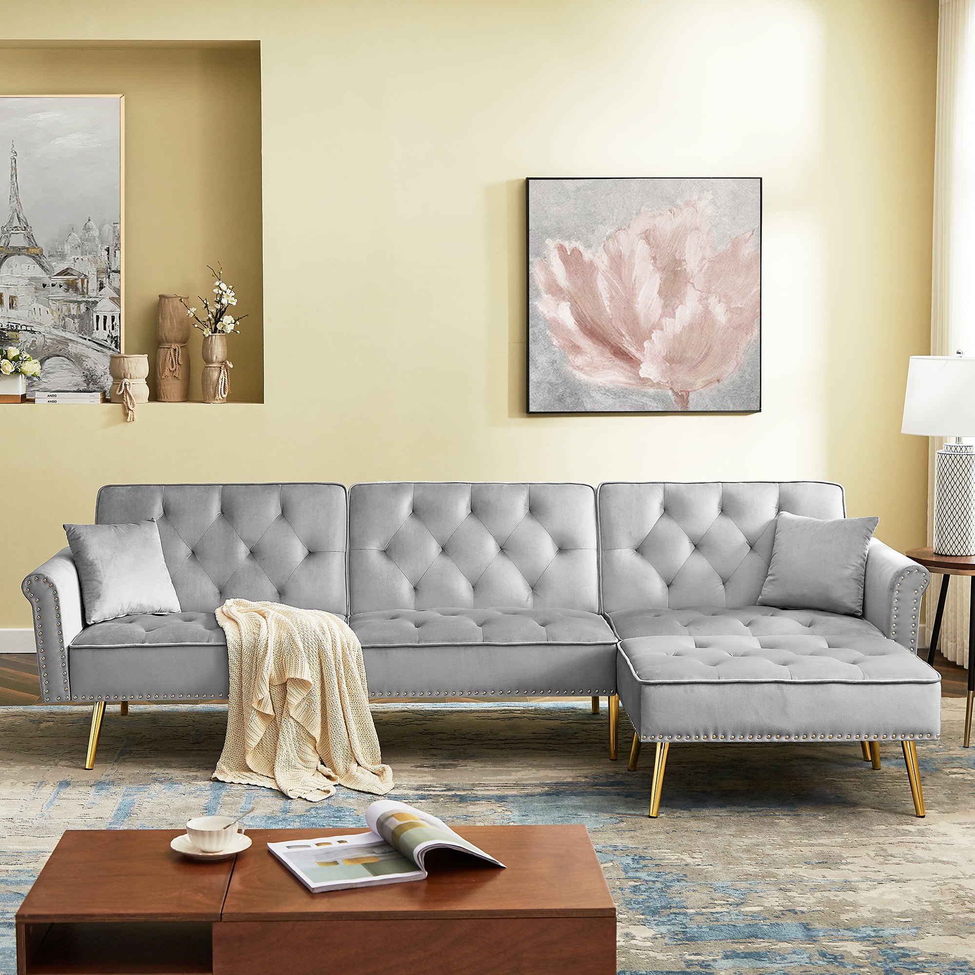  Tufted Grey Couch With Golden Legs