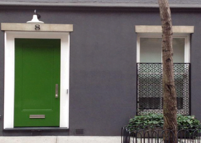 Green Wasabi Accent Door Blended with Modern Grey House Exterior